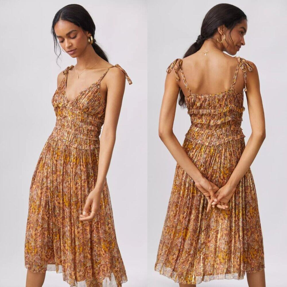 NWT Let Me Be Anthropologie Yellow Floral Paisley Shimmer Midi Dress, Sz XL